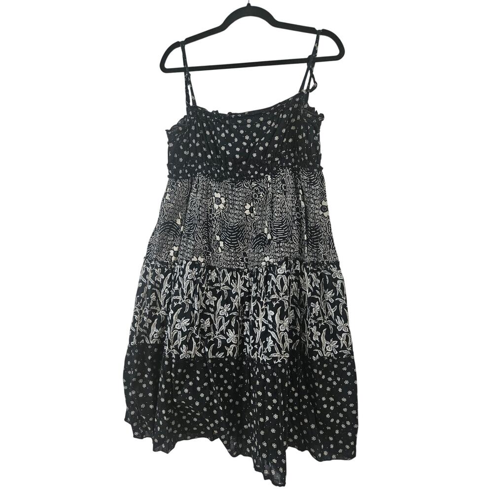 Daytrip Black White Patchwork Floral Boho Mini Dress Cotton Tiered Strappy M